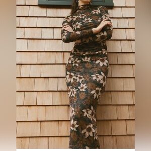 Element Floral Long-Sleeve Ruched Midi Dress in Brown and Cream